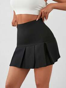 EURMUSE Ladies' Sexy Solid Color Hip-Hugging Pleated A-Line Mini Skirt - Black - View 4