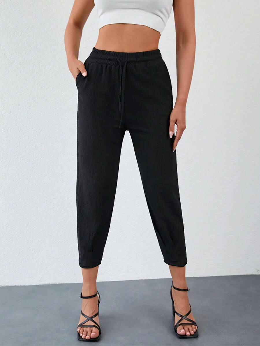 EURMUSE Drawstring Waist Slant Pocket Trousers - Black - View 1
