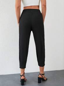 EURMUSE Drawstring Waist Slant Pocket Trousers - Black - View 2