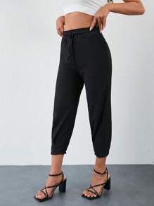 EURMUSE Drawstring Waist Slant Pocket Trousers - Black - View 4
