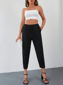 EURMUSE Drawstring Waist Slant Pocket Trousers - Black - View 5