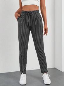 EURMUSE Striped Print Belted Trousers - Black and White - View 1