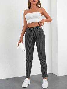 EURMUSE Striped Print Belted Trousers - Black and White - View 3