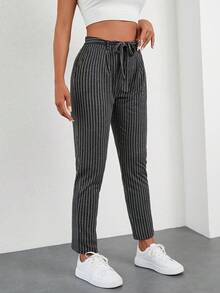 EURMUSE Striped Print Belted Trousers - Black and White - View 5