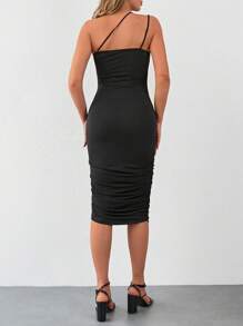 EURMUSE Solid Ruched Side Asymmetrical Neck Bodycon Dress - Black - View 2