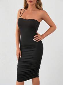 EURMUSE Solid Ruched Side Asymmetrical Neck Bodycon Dress - Black - View 3