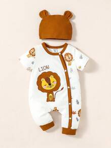Newborn Baby Lion Print Contrast Binding Jumpsuit - White - View 1