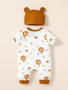 Newborn Baby Lion Print Contrast Binding Jumpsuit - White - View 2