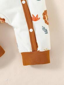 Newborn Baby Lion Print Contrast Binding Jumpsuit - White - View 3