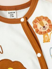 Newborn Baby Lion Print Contrast Binding Jumpsuit - White - View 4