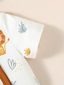 Newborn Baby Lion Print Contrast Binding Jumpsuit - White - View 6