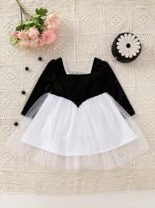 Baby Two Tone Mesh Overlay Square Neck Puff Sleeve Dress - Black and White - View 1