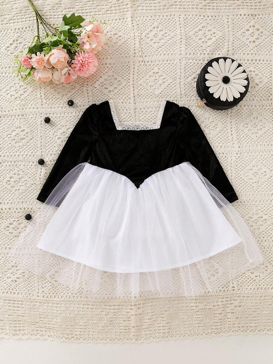 Baby Two Tone Mesh Overlay Square Neck Puff Sleeve Dress - Black and White - View 1