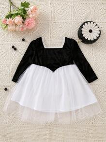 Baby Two Tone Mesh Overlay Square Neck Puff Sleeve Dress - Black and White - View 2