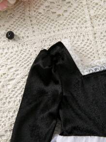 Baby Two Tone Mesh Overlay Square Neck Puff Sleeve Dress - Black and White - View 3