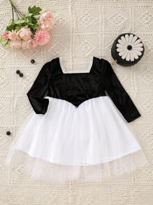 Baby Two Tone Mesh Overlay Square Neck Puff Sleeve Dress - Black and White - View 4