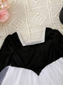 Baby Two Tone Mesh Overlay Square Neck Puff Sleeve Dress - Black and White - View 6