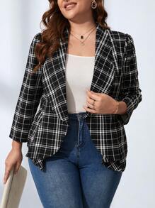 Chikora 秋冬加格纹印花披肩领不对称下摆西装外套 - 黑與白 - 查看 1