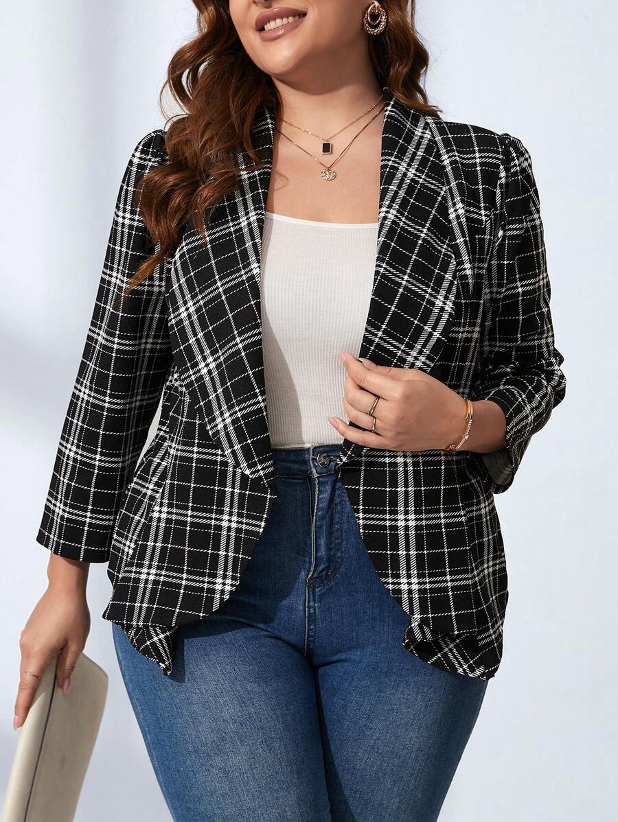 Chikora 秋冬加格纹印花披肩领不对称下摆西装外套 - 黑與白 - 查看 1