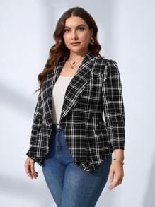 Chikora 秋冬加格纹印花披肩领不对称下摆西装外套 - 黑與白 - 查看 5