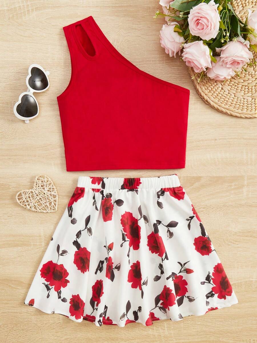 SHEIN Bộ hai mảnh Gái Cắt ra Hoa Boho - Đỏ - Xem 1