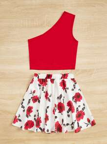 SHEIN Bộ hai mảnh Gái Cắt ra Hoa Boho - Đỏ - Xem 2