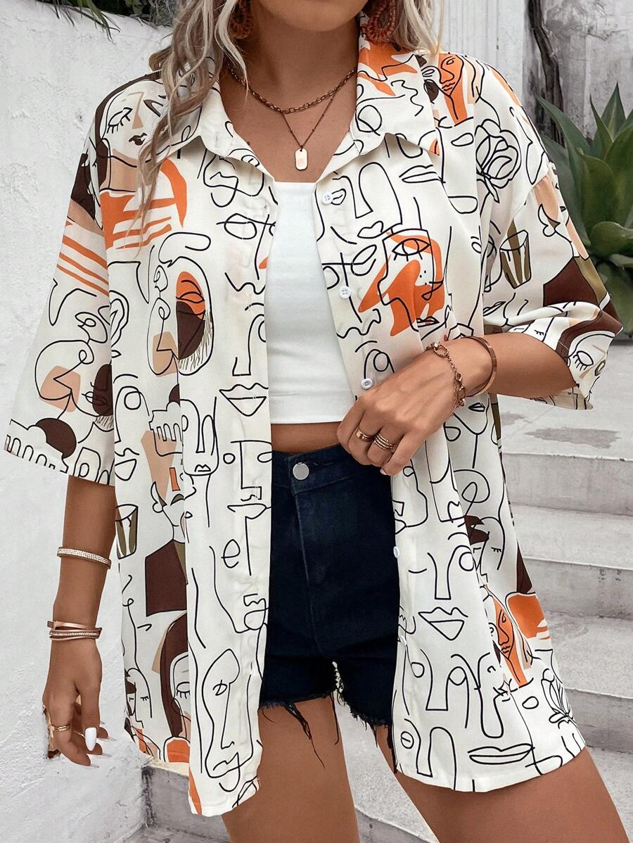 SHEIN LUNE Áo thun hở vai họa tiết Plus Figure cho mùa hè - Màu be - Xem 1