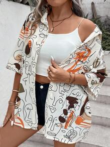 SHEIN LUNE Áo thun hở vai họa tiết Plus Figure cho mùa hè - Màu be - Xem 5