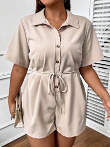 Flirla Jumpsuits Plus Size Thắt lưng Nút phía trước màu trơn Giải trí - Màu be - Xem 3