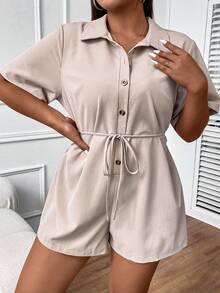 Flirla Jumpsuits Plus Size Thắt lưng Nút phía trước màu trơn Giải trí - Màu be - Xem 5
