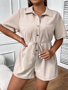 Flirla Jumpsuits Plus Size Thắt lưng Nút phía trước màu trơn Giải trí - Màu be - Xem 4