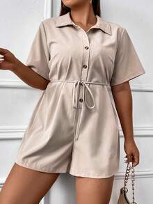 Flirla Jumpsuits Plus Size Thắt lưng Nút phía trước màu trơn Giải trí - Màu be - Xem 7