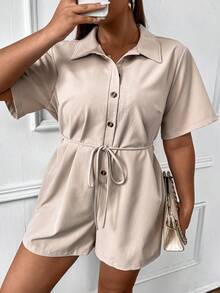 Flirla Jumpsuits Plus Size Thắt lưng Nút phía trước màu trơn Giải trí - Màu be - Xem 8