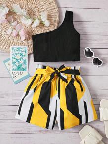SHEIN Tween Girl One Shoulder Top & Geo Print Paperbag Waist Belted Shorts - Multicolor - View 1