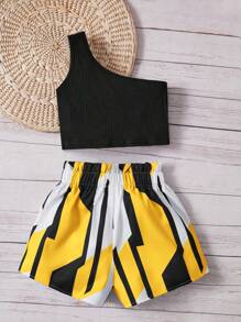 SHEIN Tween Girl One Shoulder Top & Geo Print Paperbag Waist Belted Shorts - Multicolor - View 2
