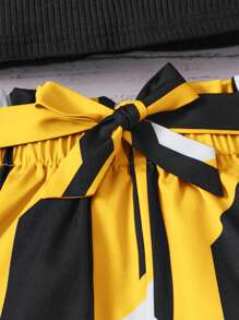 SHEIN Tween Girl One Shoulder Top & Geo Print Paperbag Waist Belted Shorts - Multicolor - View 3