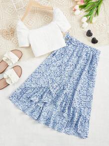 SHEIN Leap Crew Bộ hai mảnh Gái Bất đối xứng Viên lá sen Trọn gói Họa tiết hoa Boho - Màu xanh nhạt - Xem 1