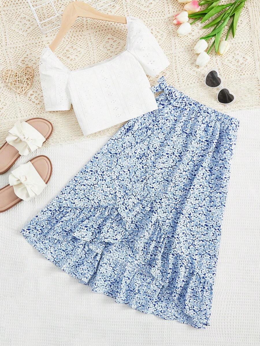 SHEIN Leap Crew Bộ hai mảnh Gái Bất đối xứng Viên lá sen Trọn gói Họa tiết hoa Boho - Màu xanh nhạt - Xem 1