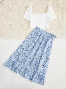 SHEIN Leap Crew Bộ hai mảnh Gái Bất đối xứng Viên lá sen Trọn gói Họa tiết hoa Boho - Màu xanh nhạt - Xem 2