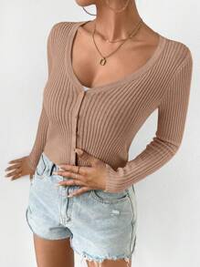 SHEIN Frenchy Nữ Cardigans Nút phía trước màu trơn Giải trí - Màu Khaki - Xem 4