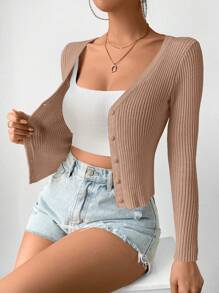 SHEIN Frenchy Nữ Cardigans Nút phía trước màu trơn Giải trí - Màu Khaki - Xem 5