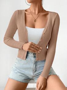 SHEIN Frenchy Nữ Cardigans Nút phía trước màu trơn Giải trí - Màu Khaki - Xem 6