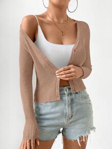 SHEIN Frenchy Nữ Cardigans Nút phía trước màu trơn Giải trí - Màu Khaki - Xem 7