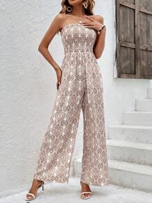 SHEIN Holidaya Allover Print Tube Wide Leg Jumpsuit - Khaki - View 3