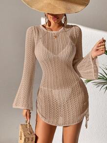 SHEIN Swim Hollow Out Drawstring Side Cover Up Dress Without Bikini Set,Summer Beach - Apricot - View 5