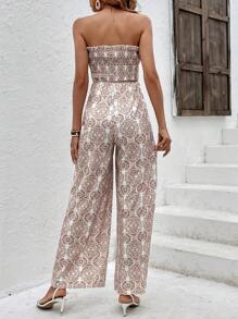 SHEIN Holidaya Allover Print Tube Wide Leg Jumpsuit - Khaki - View 2