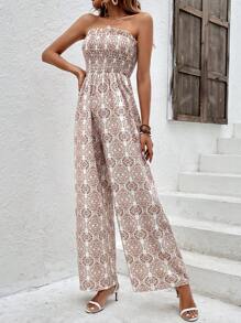 SHEIN Holidaya Allover Print Tube Wide Leg Jumpsuit - Khaki - View 4