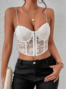 Zolique Solid Hook And Eye Front Lace Cami Top - White - View 4