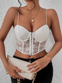 Zolique Solid Hook And Eye Front Lace Cami Top - White - View 5