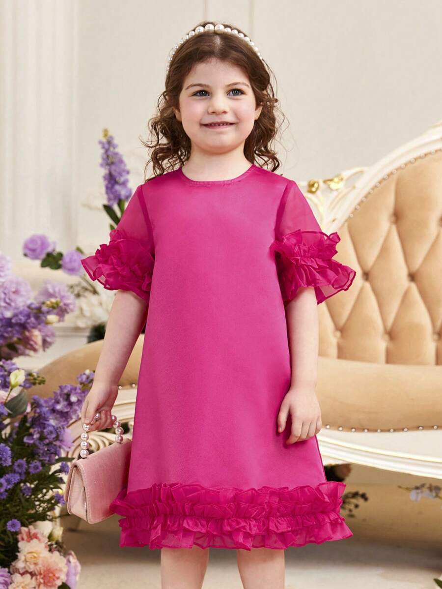 SHEIN 小女童荷葉邊荷葉袖洋裝不附腰帶 - 玫紅色 - 查看 1